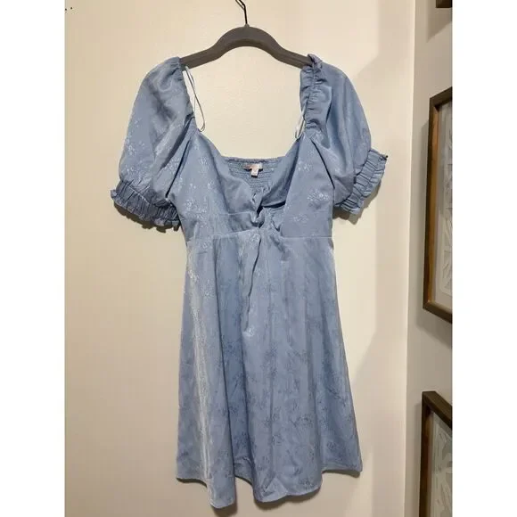 GB Blue Puff Sleeve Mini Dress XL Cottagecore Floral Romantic Fairy Prarie - Picture 2 of 8